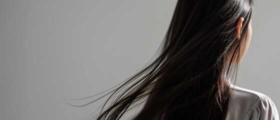 Wall Mural -  the back of a woman's head with long, straight, dark hair in front of a white wall.