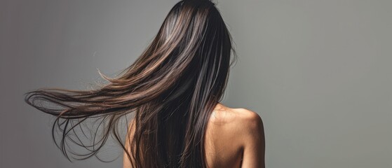 Canvas Print -  the back of a woman's head with long, straight, brown hair in front of a gray background.