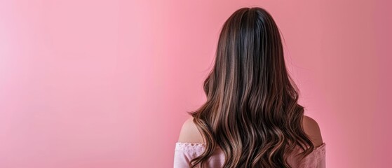 Sticker -  the back of a woman's head with long, wavy hair in front of a pink background, wearing a pink off the shoulder top.