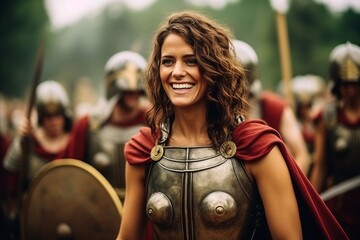 Portrait of a beautiful young woman in medieval armor on the battlefield