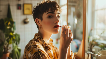 copy space, stockphoto, young gender fluid person standing in front of the mirror in the bathroom, applying lipstick, LGBTQ+ community, one thing about me. Generation z gender fluid person