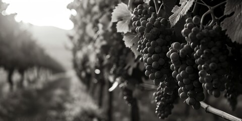 Poster - A bunch of grapes hanging from a vine. Ideal for wine enthusiasts and vineyard-related projects