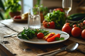 Poster - A vibrant assortment of red peppers and fresh green vegetables arranged on a white plate. Perfect for healthy eating, cooking inspiration, or farm-to-table concepts