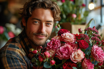 Wall Mural - A young handsome man with a large bouquet of scarlet roses