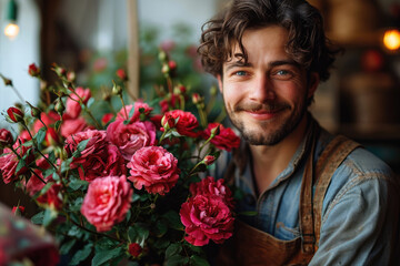 Wall Mural - A young handsome man with a large bouquet of scarlet roses