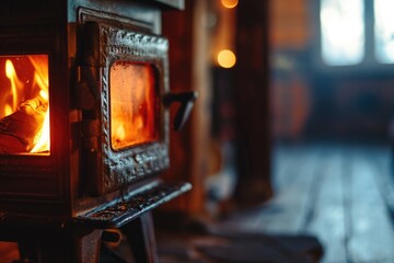 Poster - A wood burning stove in a dark room. Perfect for cozy home interiors