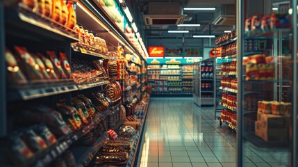 Poster - A wide variety of food products are displayed on the shelves of a grocery store aisle. This image can be used to showcase the abundance and diversity of food options available at a supermarket