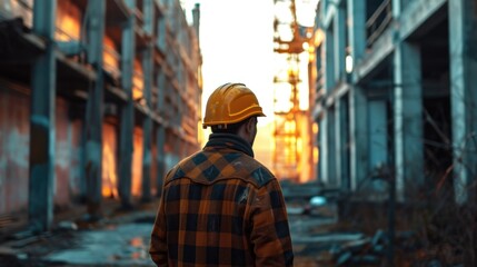 Aufkleber - A man wearing a hard hat standing in a city. Perfect for construction, urban development, and safety concepts