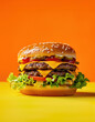 Fresh juicy tasty burger on orange background