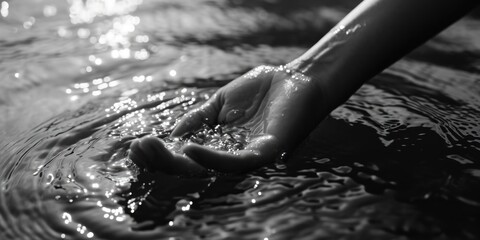 Poster - A person holding their hand in a body of water. This image can be used to depict concepts such as serenity, relaxation, connection, or mindfulness