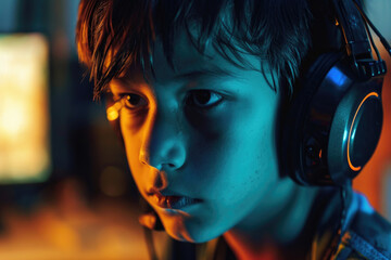 Poster - A young boy wearing headphones sits in front of a TV, engrossed in what he is watching. This image can be used to depict technology, entertainment, or leisure activities