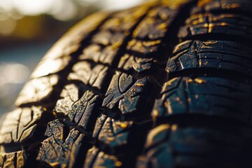 Poster - A detailed close up of a tire with a blurry background. Suitable for automotive and transportation-related projects