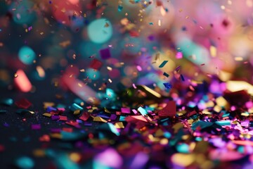 Poster - Colorful confetti scattered on a table, perfect for festive occasions and celebrations