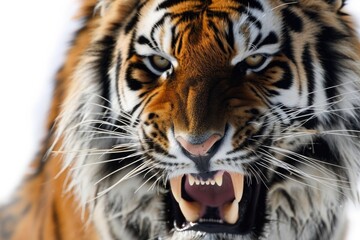 Poster - A close-up view of a tiger showing its open mouth. This powerful image captures the fierce and majestic nature of this magnificent creature.
