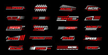 Race Car Flag. Formula Speed Sport Icon. Stripe Decal Pattern For Auto Rally. Bike Racing Check Badge. Transport Motor. Red Ribbon Border. Checkered Automobile Decoration. Vector Design Tidy Signs Set