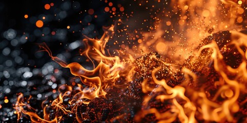 Wall Mural - A close-up view of a fire on a black background. This image can be used to depict warmth, energy, danger, or destruction.