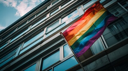 LGBT flag. Huge flag on the building. Freedom of love and diversity 