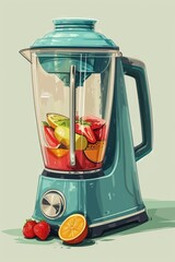 Poster - A blender filled with various fruits sitting on top of a table. Perfect for illustrating healthy lifestyle, smoothie recipes, or kitchen appliances