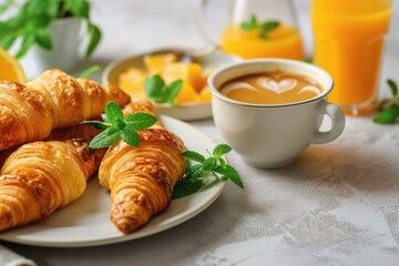 Aufkleber - A plate of delicious croissants paired with a steaming cup of coffee. Perfect for a breakfast or brunch scene