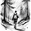 Ink-style art of an enigmatic scene as a man walks into the forest. Striking composition with expressive strokes. Captivating and unique, perfect for creative projects.