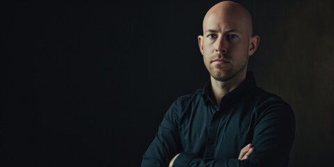 Poster - A bald man wearing a black shirt stands with his arms crossed. Versatile image suitable for various applications