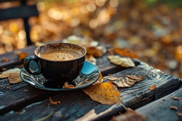 Poster - A cup of coffee sitting on top of a wooden table. Perfect for coffee lovers or cafes looking for a cozy and rustic image