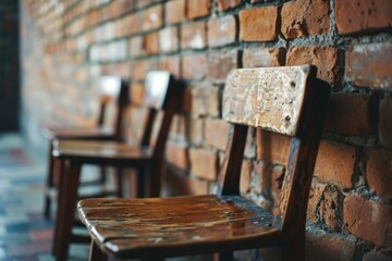 Aufkleber - A row of wooden chairs placed against a brick wall. Ideal for adding a rustic touch to any space