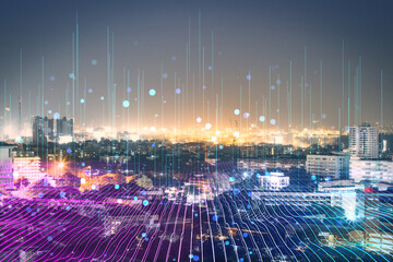 Canvas Print - Abstract glowing purple night city texture with digital data lines all over. Smart city, VR, AI and innovation concept. Double exposure.