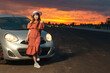 Fashion Portrait Of Beautiful Woman   Vintage Car  Freedom And Luxury During  Road Trip