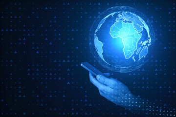 Poster - Close up of pixel hands holding smartphone with digital polygonal globes on blue background. Global network and innovation.
