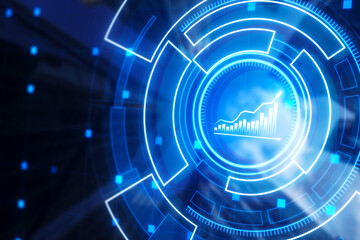 Poster - Abstract blue business chart hologram on blurry city background. Financial plan graph. Double exposure.