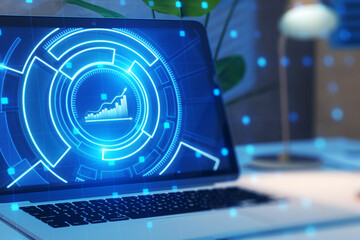 Poster - Close up of laptop computer with glowing business chart hologram on blurry background. Financial plan graph. 3D Rendering.