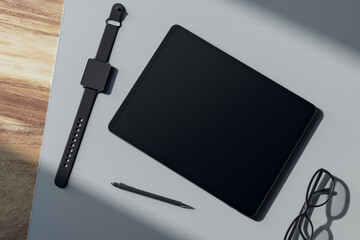Poster - Top view of empty tablet screen, digital watch, pen and glasses on wooden tablet. Devices at workplace concept. Mock up, 3D Rendering.