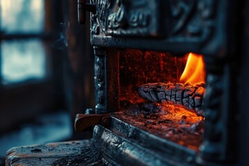 Poster - A close-up view of a fire burning in a fireplace. This image can be used to create a cozy and warm atmosphere in design projects