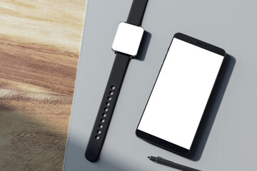 Poster - Top view of empty white smartphone screen, digital watch, pen and glasses on wooden tablet. Devices at workplace concept. Mock up, 3D Rendering.