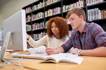 Wall Mural - Two heads are better than one. Shot of two students working together at a computer in a university library.