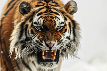 Aufkleber - A close-up view of a tiger with its mouth wide open. This powerful image captures the intense expression of the tiger as it reveals its sharp teeth.