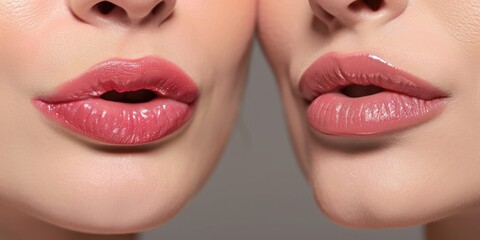 A close-up view of two women's lips adorned with vibrant lipstick. This image can be used to showcase beauty, fashion, makeup, or self-expression