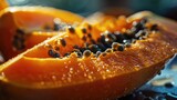 A close-up view of a papaya cut in half. This image can be used to showcase the vibrant colors and texture of a papaya fruit.