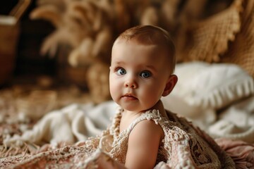 Aufkleber - A baby sitting on top of a bed covered in a blanket. This image can be used to depict a peaceful and comfortable sleeping environment for babies