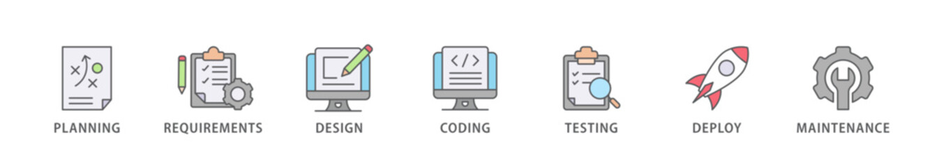 Software development life cycle banner web icon vector illustration concept of sdlc with icon of planning, requirements, design, coding, testing, deploy and maintenance