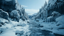 Frozen River Flowing Through A Snow-laden Canyon With Icicles Hanging From Rocky Cliffs Under A Bright Blue Sky