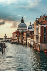 Aufkleber - A picturesque view of a canal with boats gently floating on the water, surrounded by charming buildings. Perfect for travel brochures and cityscape advertisements