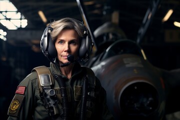 Wall Mural - Portrait of mature female pilot in aviator's helmet and goggles