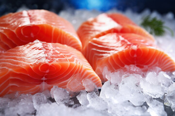 Wall Mural - Chilled fish. Fresh salmon or trout fillet on ice. healthy eating concept.