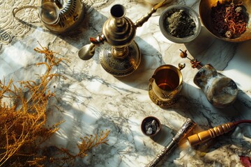Poster - A table displaying a variety of bowls filled with different types of spices. This image can be used to illustrate culinary concepts or to enhance food-related content