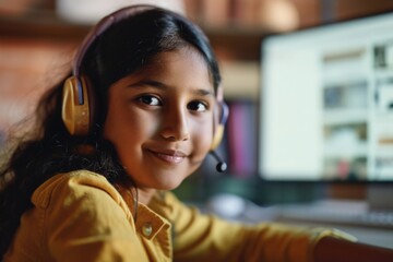 Poster - A young girl wearing headphones sits in front of a computer. This image is perfect for illustrating technology, online learning, or remote work