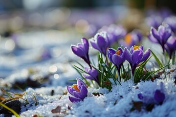 Aufkleber - A beautiful bunch of purple flowers contrasted against the snowy backdrop. Perfect for winter-themed designs and nature-themed projects