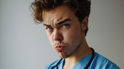Poster - A picture of a man with a stethoscope in his mouth. Can be used to represent a doctor or medical professional examining a patient