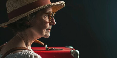 Poster - A woman wearing a straw hat and holding a red suitcase. Perfect for travel-related content